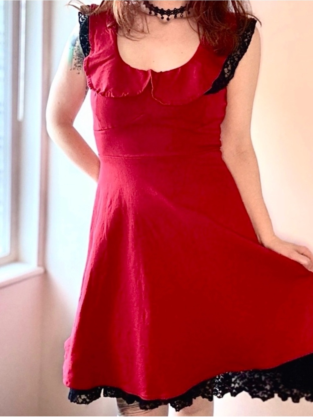 Hot Topic Red Fit & Flare Skater Dress Black Lace Trim Goth Grunge Coquette M